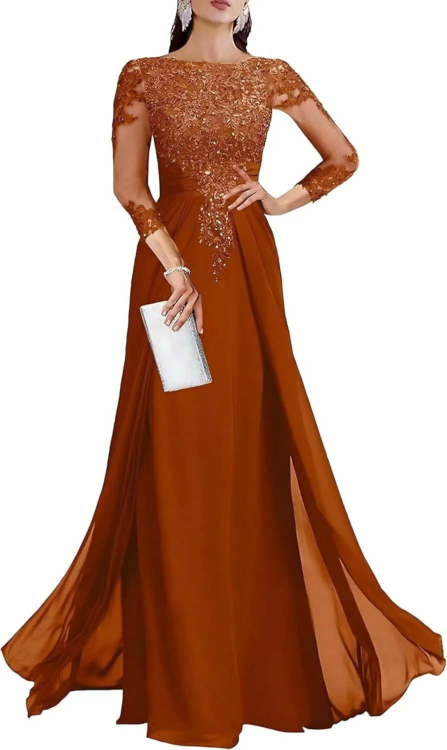 Lace Applique Mother of The Bride Dresses for Wedding 3/4 Sleeve Chiffon Mother of The Groom Formal Evening Gown