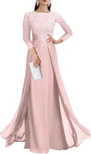 Lace Applique Mother of The Bride Dresses for Wedding 3/4 Sleeve Chiffon Mother of The Groom Formal Evening Gown