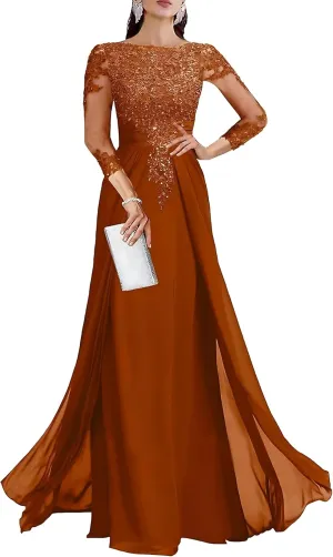 Lace Applique Mother of The Bride Dresses for Wedding 3/4 Sleeve Chiffon Mother of The Groom Formal Evening Gown