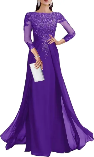 Lace Applique Mother of The Bride Dresses for Wedding 3/4 Sleeve Chiffon Mother of The Groom Formal Evening Gown