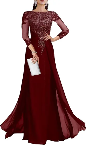 Lace Applique Mother of The Bride Dresses for Wedding 3/4 Sleeve Chiffon Mother of The Groom Formal Evening Gown
