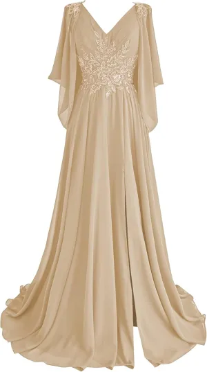 Lace Chiffon Mother of The Bride Dresses 2025 with Slit Sequin Beaded Formal Dresses V Neck Evening Gown with Cape Sleeve