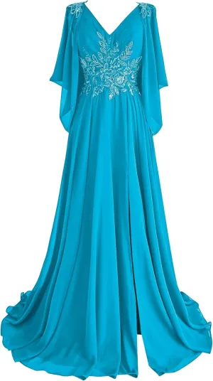 Lace Chiffon Mother of The Bride Dresses 2025 with Slit Sequin Beaded Formal Dresses V Neck Evening Gown with Cape Sleeve