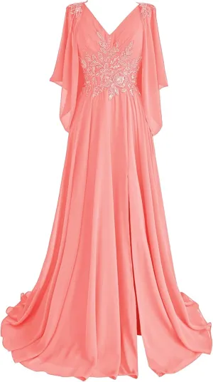 Lace Chiffon Mother of The Bride Dresses 2025 with Slit Sequin Beaded Formal Dresses V Neck Evening Gown with Cape Sleeve
