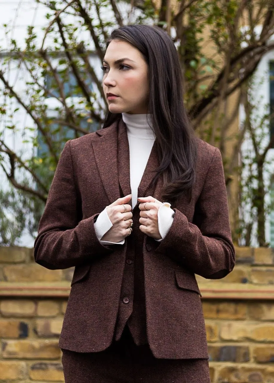 Ladies Blazer Tweed Herringbone Wool Classic Smart Casual Vintage Rust Brown