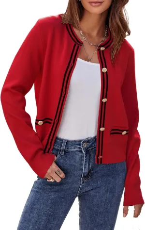Ladyful Cropped Cardigan Sweater for Women Open Front Knit Tweed Jacket Button Down Fall Work Sweater Top