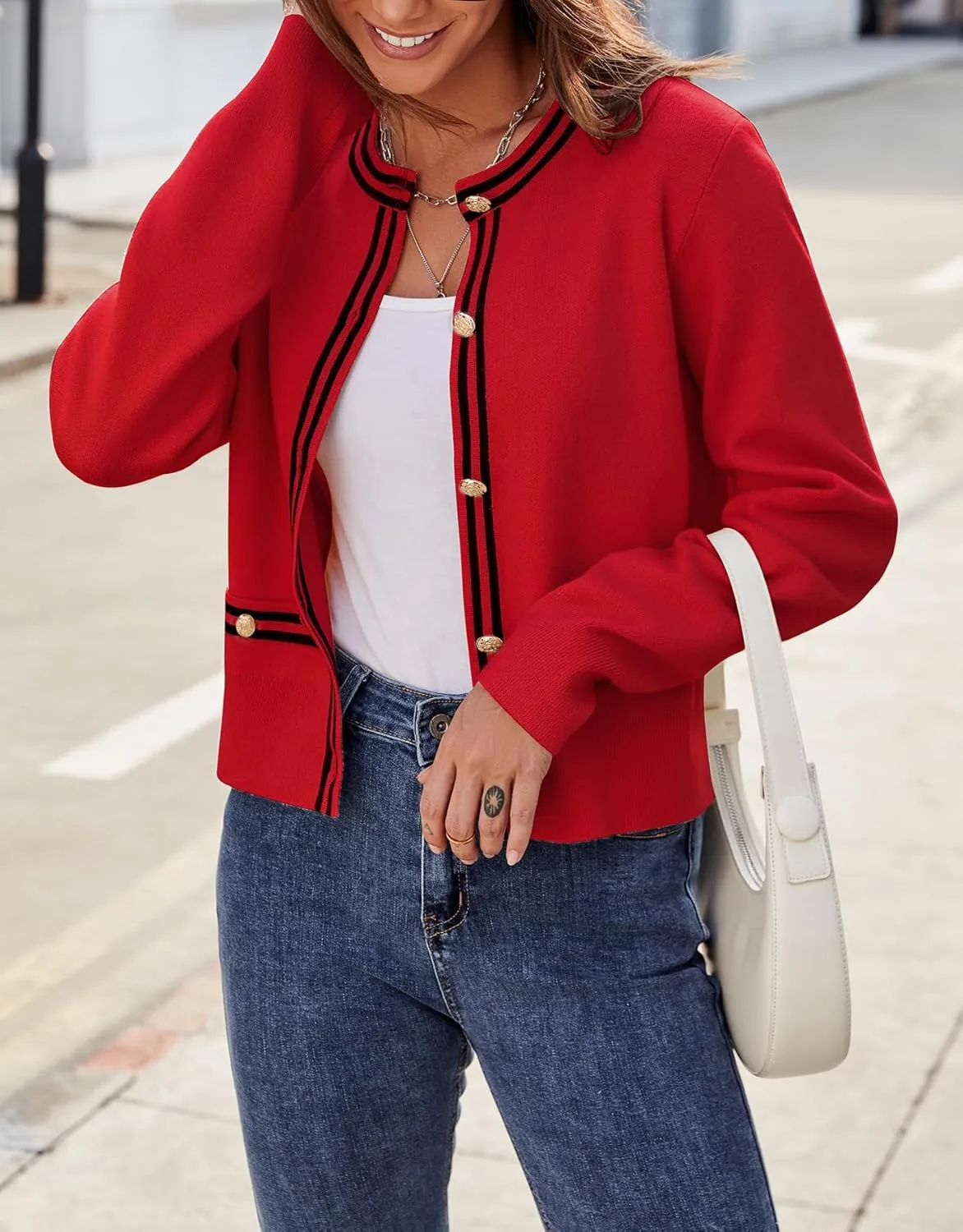 Ladyful Cropped Cardigan Sweater for Women Open Front Knit Tweed Jacket Button Down Fall Work Sweater Top