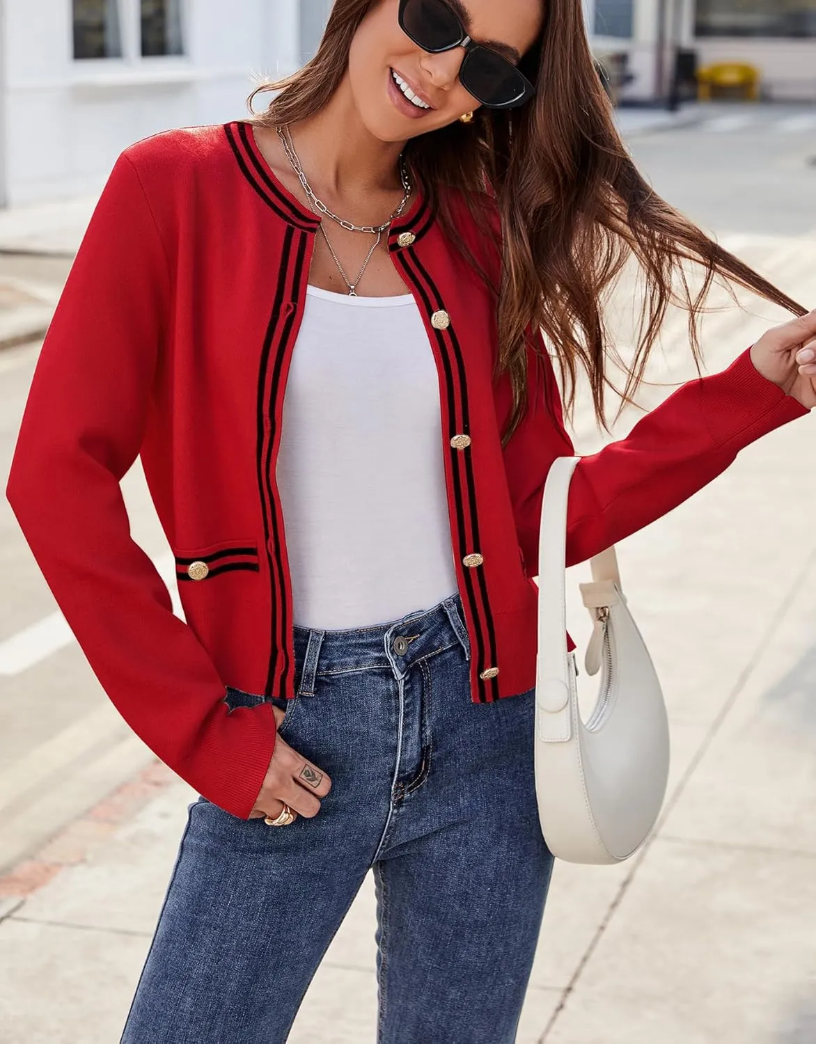 Ladyful Cropped Cardigan Sweater for Women Open Front Knit Tweed Jacket Button Down Fall Work Sweater Top