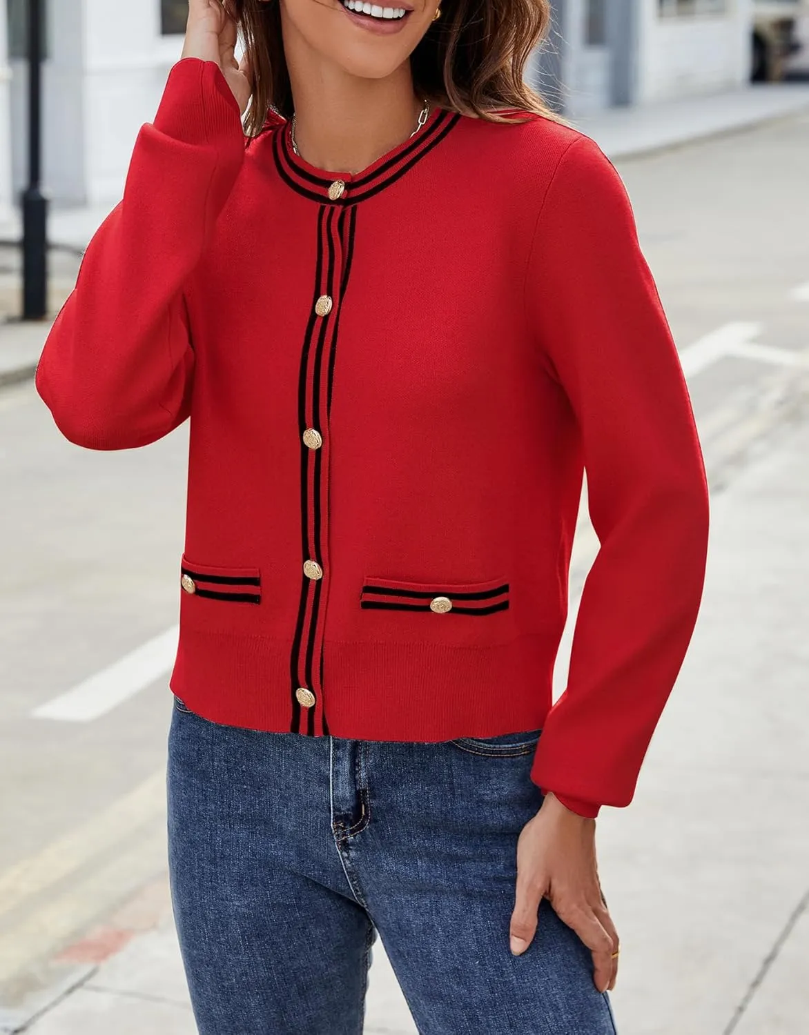 Ladyful Cropped Cardigan Sweater for Women Open Front Knit Tweed Jacket Button Down Fall Work Sweater Top