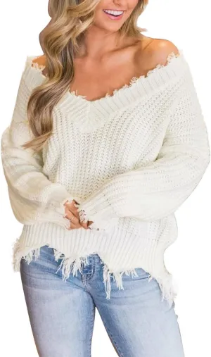 LAMISSCHE Womens Loose Knitted Off The Shoulder Sweater Solid V Neck Long Sleeve Pullover Ripped Crop Top