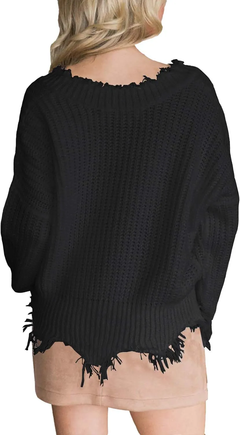 LAMISSCHE Womens Loose Knitted Off The Shoulder Sweater Solid V Neck Long Sleeve Pullover Ripped Crop Top