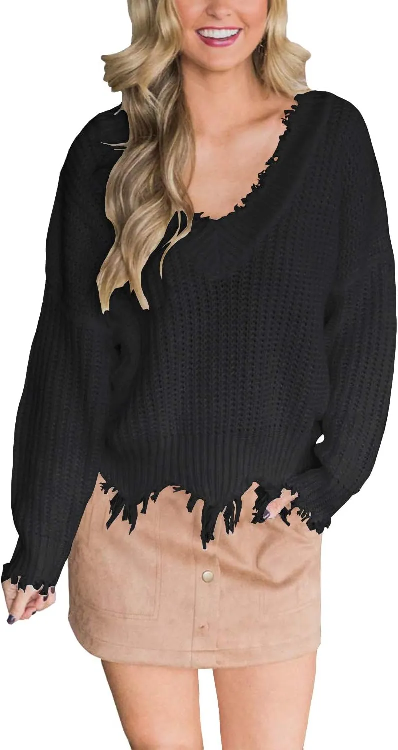 LAMISSCHE Womens Loose Knitted Off The Shoulder Sweater Solid V Neck Long Sleeve Pullover Ripped Crop Top