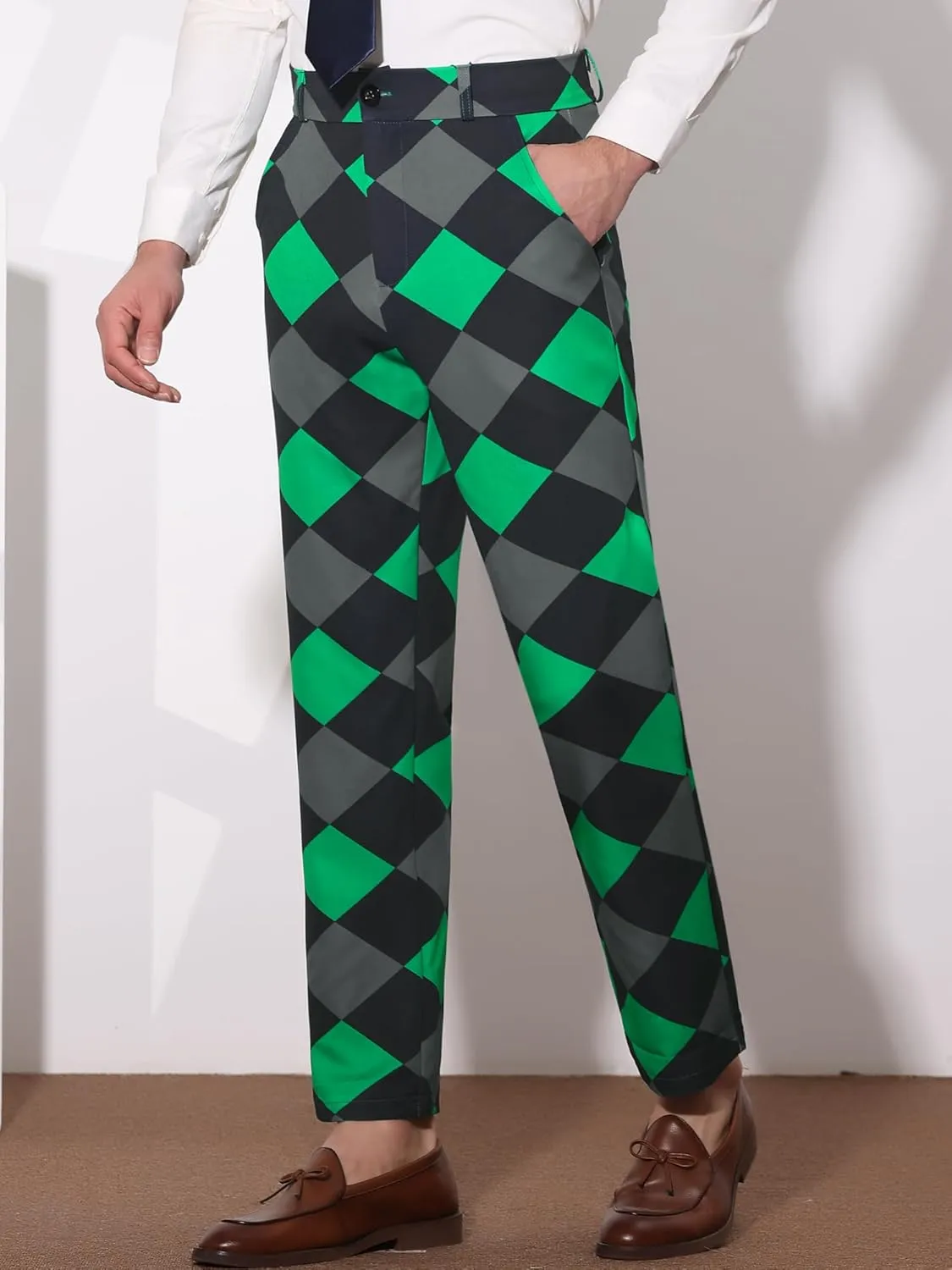 Lars Amadeus Men's Casual Geometric Printed Color Block Flat Front Dress Pants