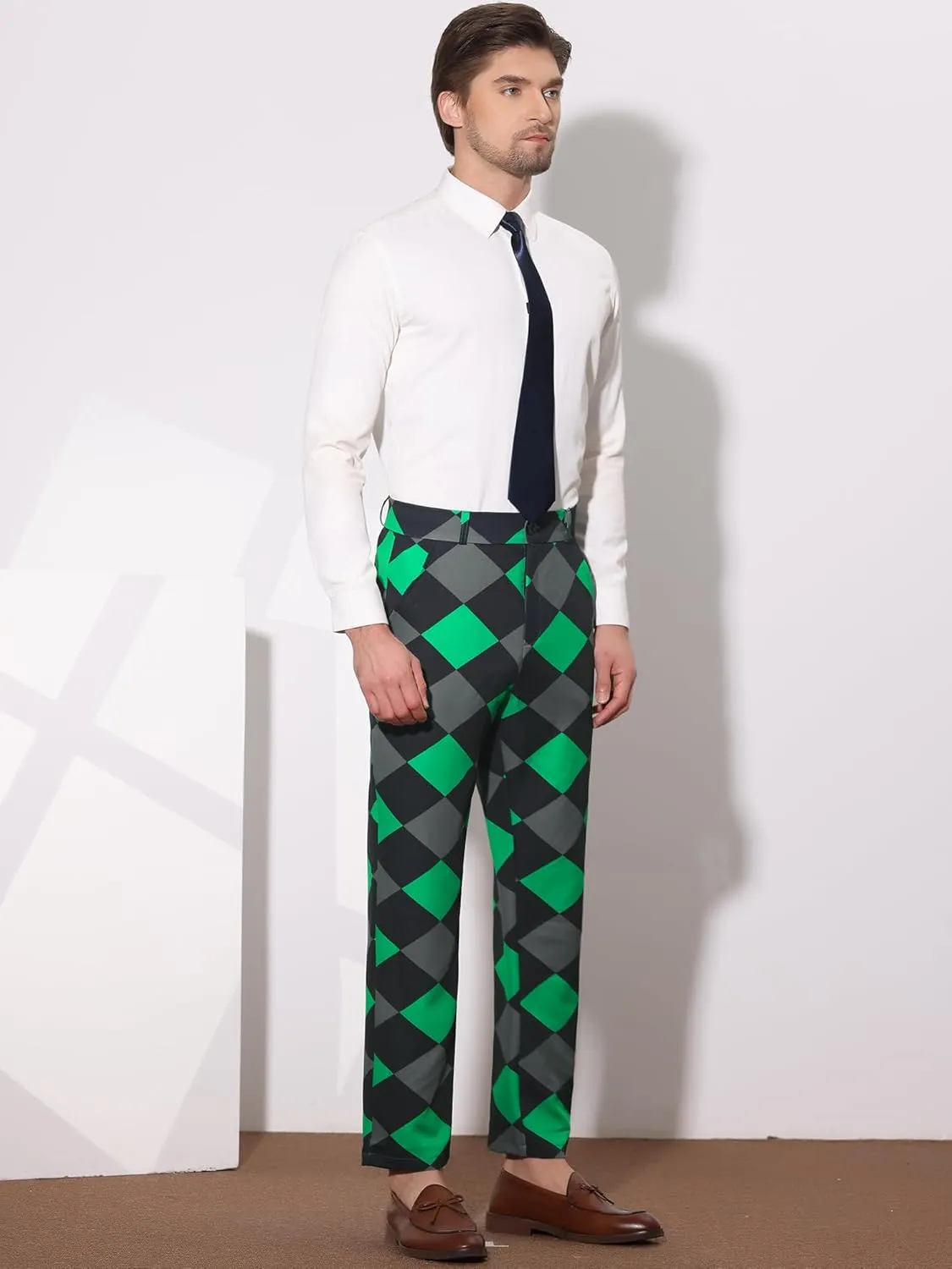 Lars Amadeus Men's Casual Geometric Printed Color Block Flat Front Dress Pants
