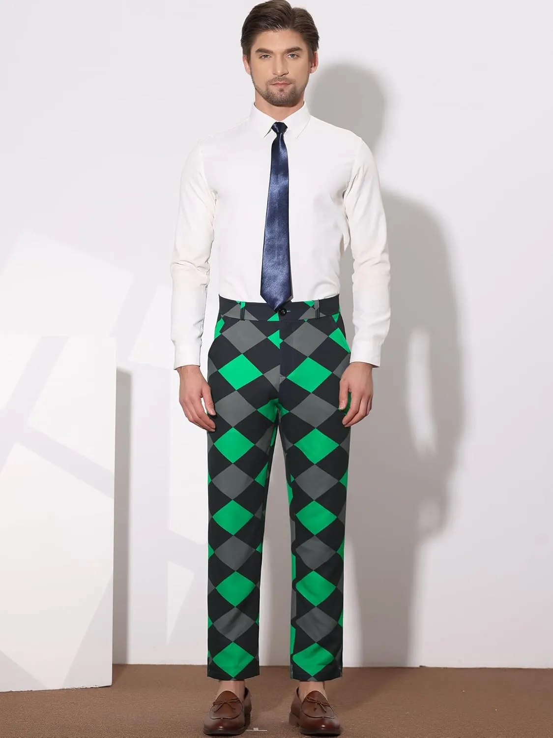 Lars Amadeus Men's Casual Geometric Printed Color Block Flat Front Dress Pants