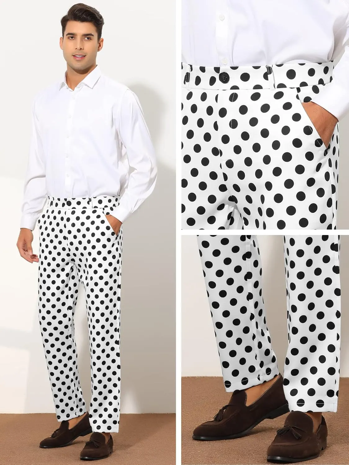 Lars Amadeus Polka Dots Dress Pants for Men's Regular Fit Flat Front Formal Printed Trousers