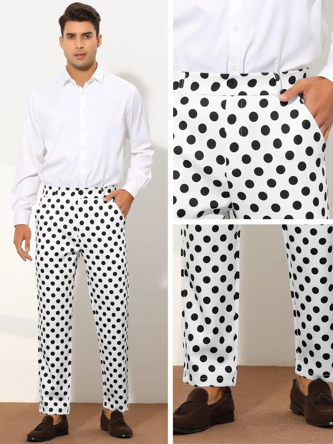 Lars Amadeus Polka Dots Dress Pants for Men's Regular Fit Flat Front Formal Printed Trousers