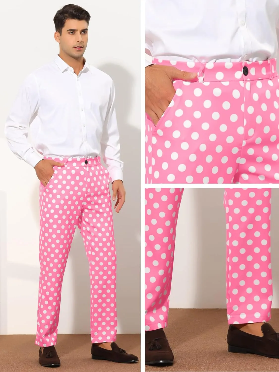 Lars Amadeus Polka Dots Dress Pants for Men's Regular Fit Flat Front Formal Printed Trousers