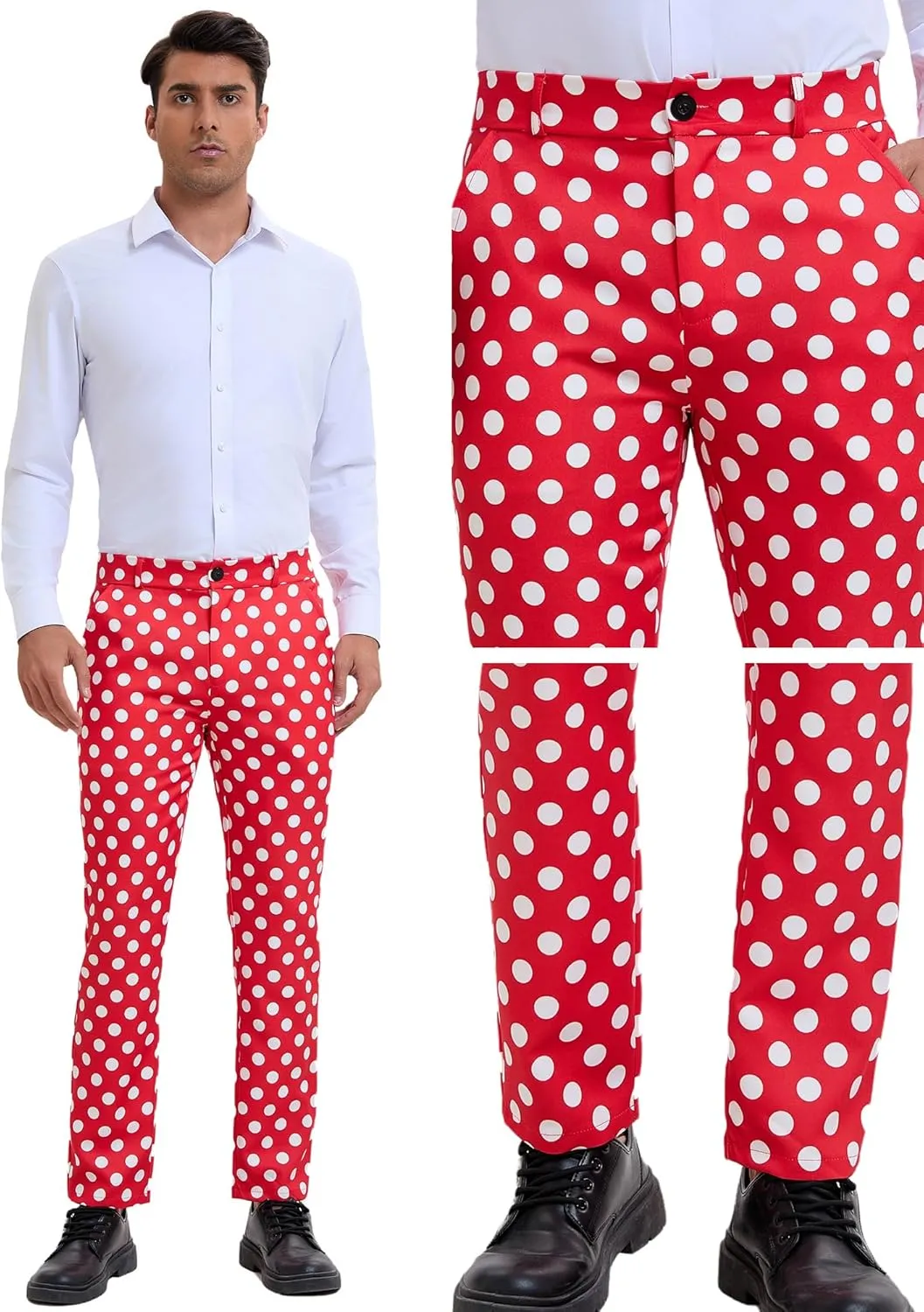 Lars Amadeus Polka Dots Dress Pants for Men's Regular Fit Flat Front Formal Printed Trousers