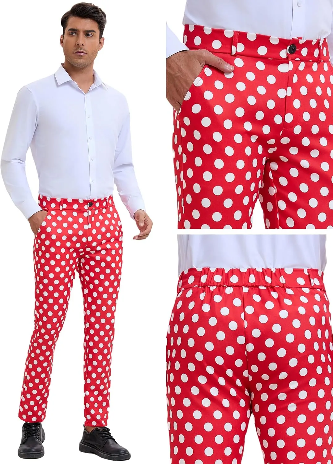 Lars Amadeus Polka Dots Dress Pants for Men's Regular Fit Flat Front Formal Printed Trousers