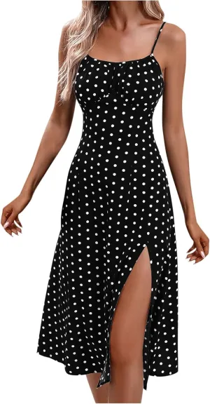 Lastesso Summer Dresses for Women 2024 Spaghetti Strap Tiered Flowy Beach Long Dress Polka Dots Side Split Maxi Sundresses