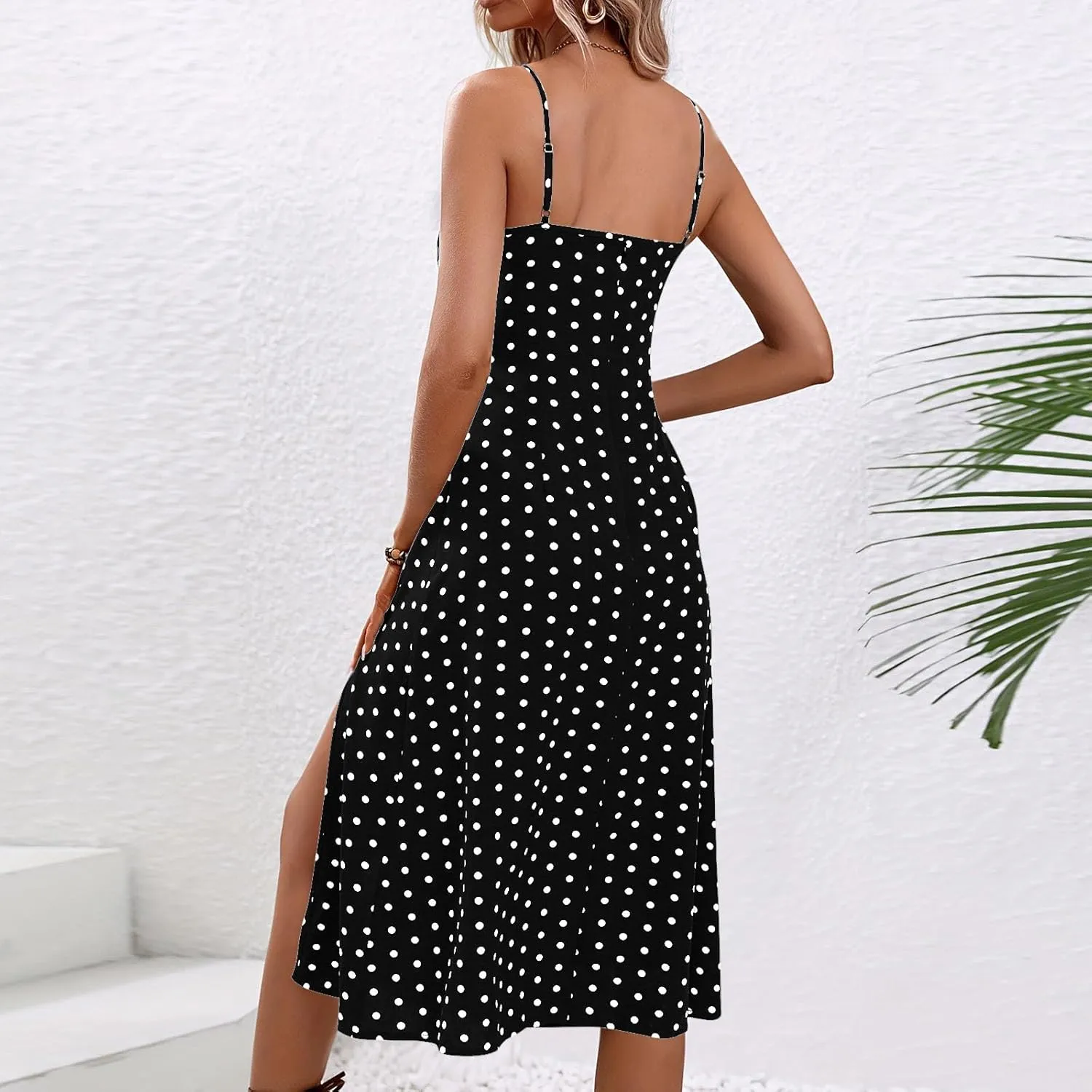 Lastesso Summer Dresses for Women 2024 Spaghetti Strap Tiered Flowy Beach Long Dress Polka Dots Side Split Maxi Sundresses