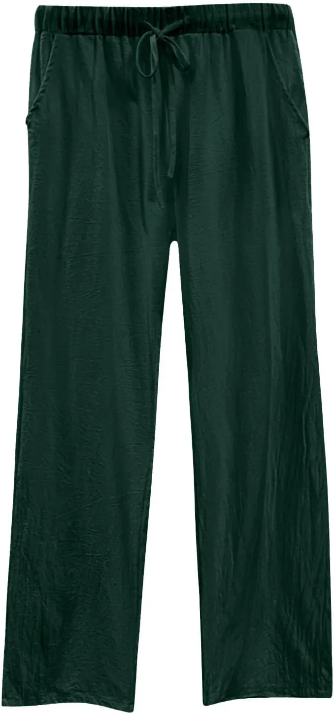 Lightweight Cotton Linen Pants Women Wide Leg Plus Size Summer Drawstring Elastic Waisted Casual Trousers with Pockets