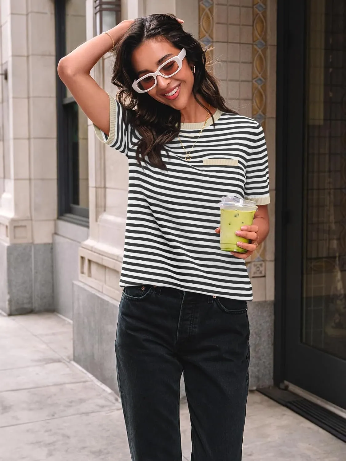 LILLUSORY Womens Striped Short Sleeve Sweater Pullover Shirts with Chest Pocket