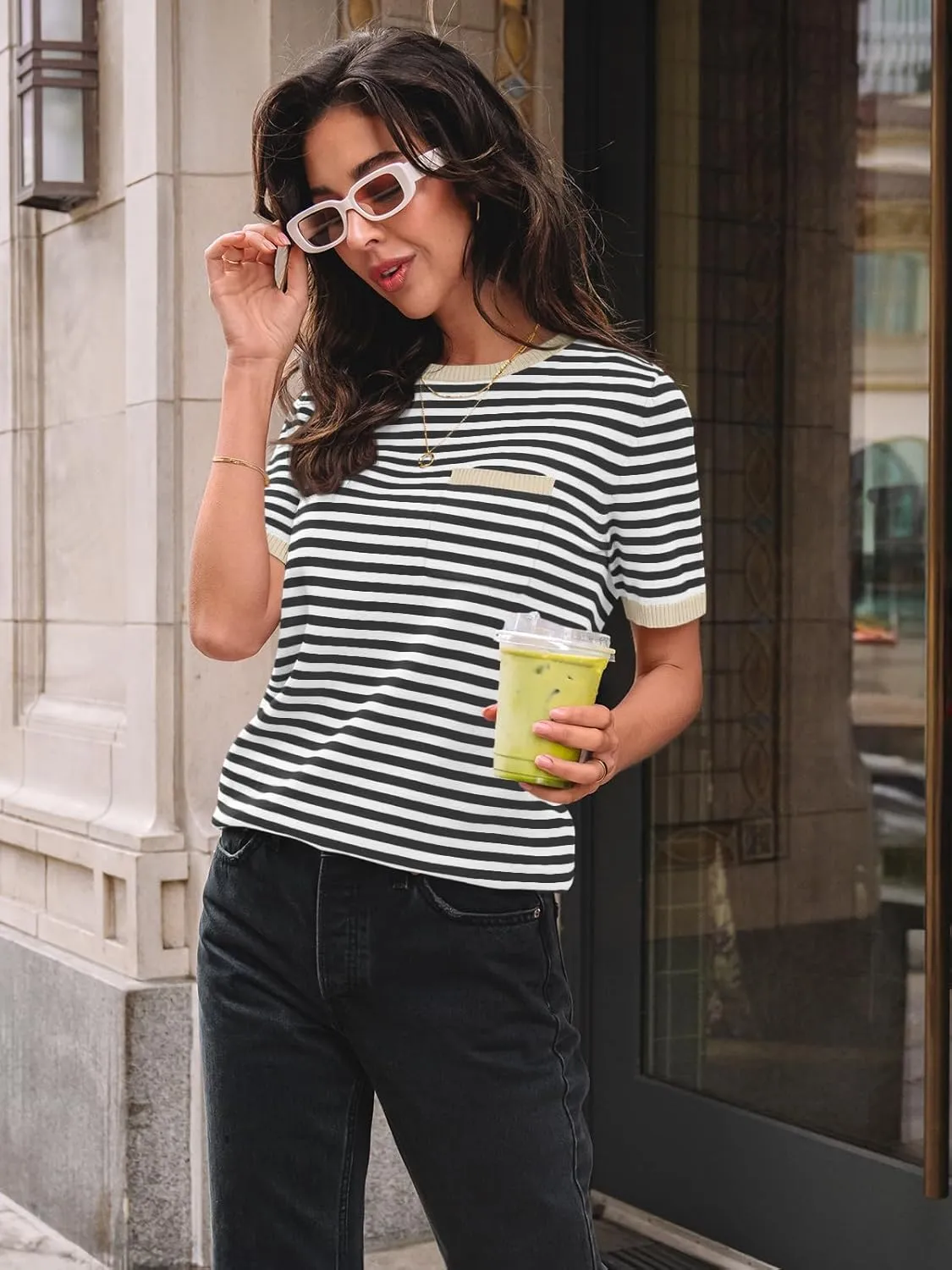LILLUSORY Womens Striped Short Sleeve Sweater Pullover Shirts with Chest Pocket