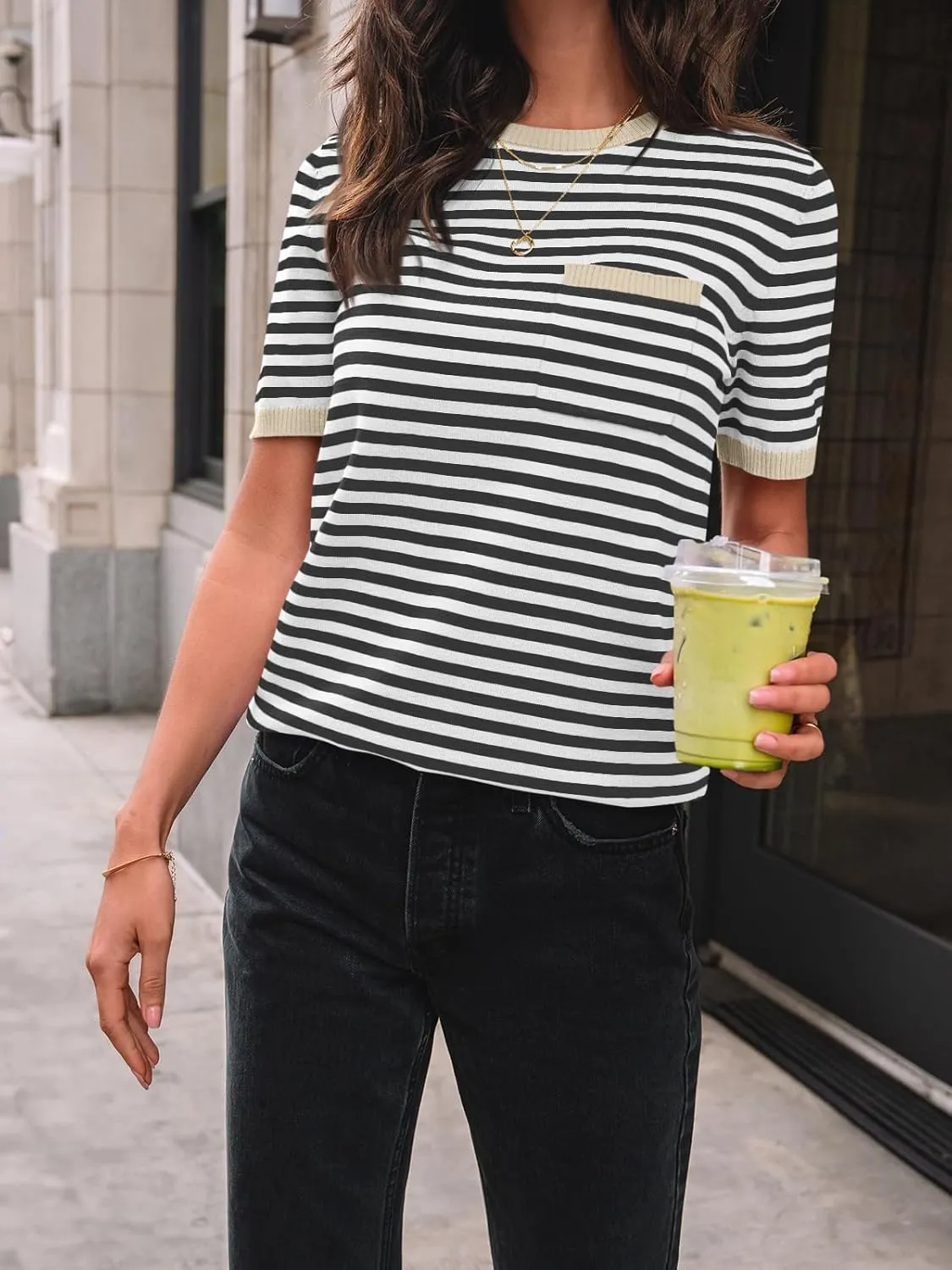 LILLUSORY Womens Striped Short Sleeve Sweater Pullover Shirts with Chest Pocket