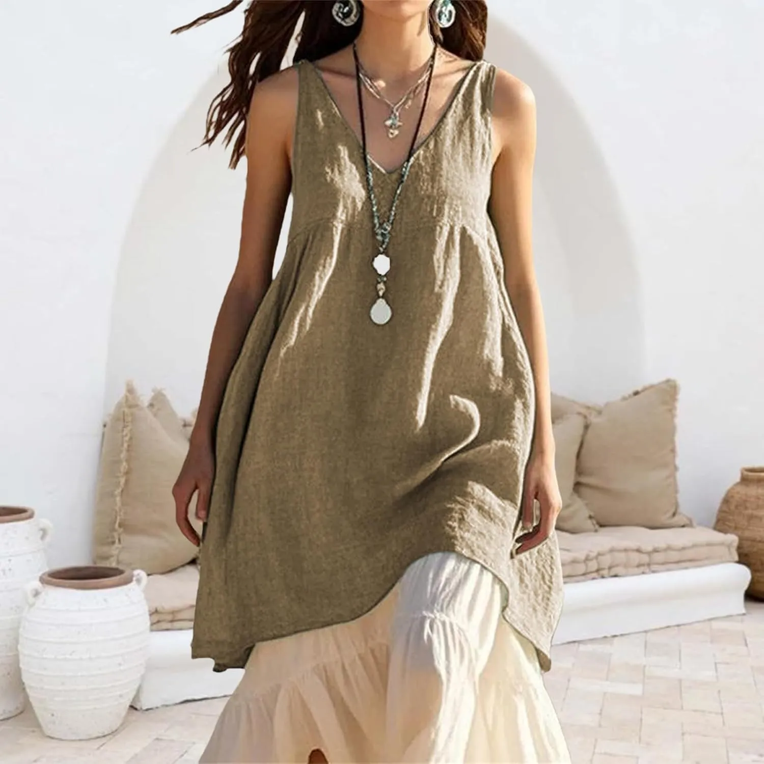 Linen Dresses for Women V Neck Sleeveless Beach Sundresses 2025 Summer Casual Loose Flowy Midi Dresses