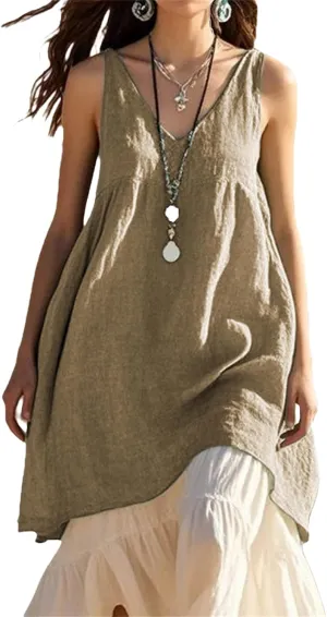 Linen Dresses for Women V Neck Sleeveless Beach Sundresses 2025 Summer Casual Loose Flowy Midi Dresses