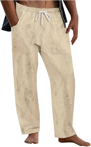 Linen Pants Men Casual Elastic Waist Drawstring Summer Trendy Jogger Pants Linen Yoga Beach Trousers with Pockets