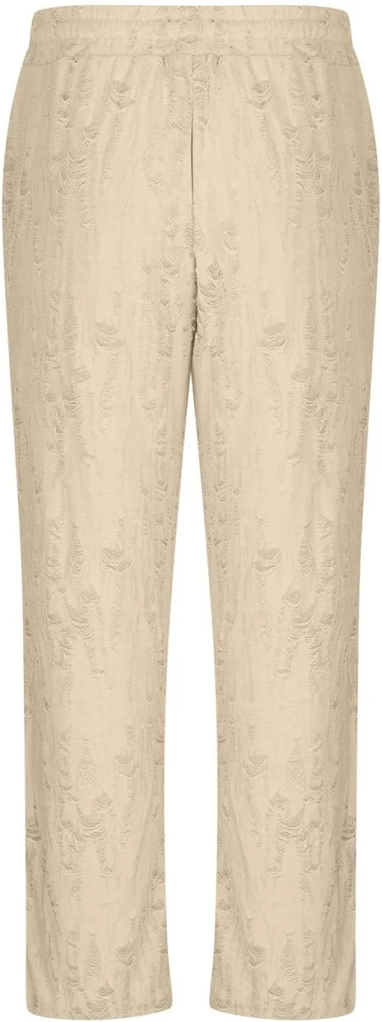 Linen Pants Men Casual Elastic Waist Drawstring Summer Trendy Jogger Pants Linen Yoga Beach Trousers with Pockets