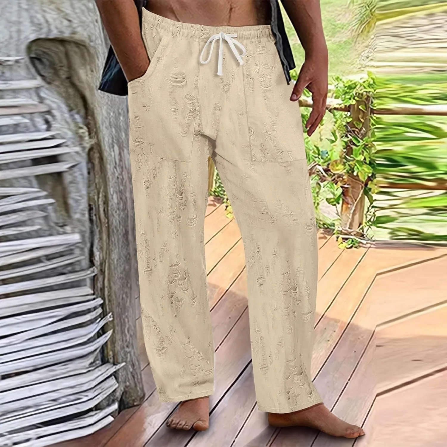Linen Pants Men Casual Elastic Waist Drawstring Summer Trendy Jogger Pants Linen Yoga Beach Trousers with Pockets