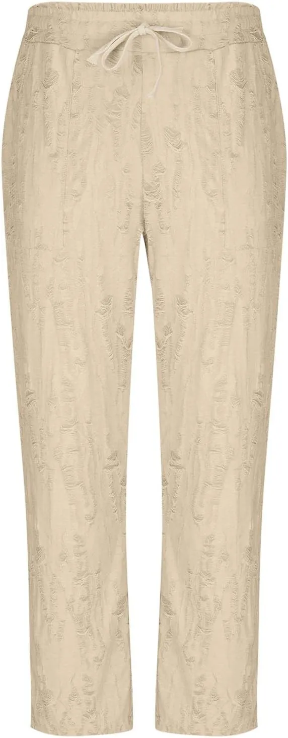 Linen Pants Men Casual Elastic Waist Drawstring Summer Trendy Jogger Pants Linen Yoga Beach Trousers with Pockets