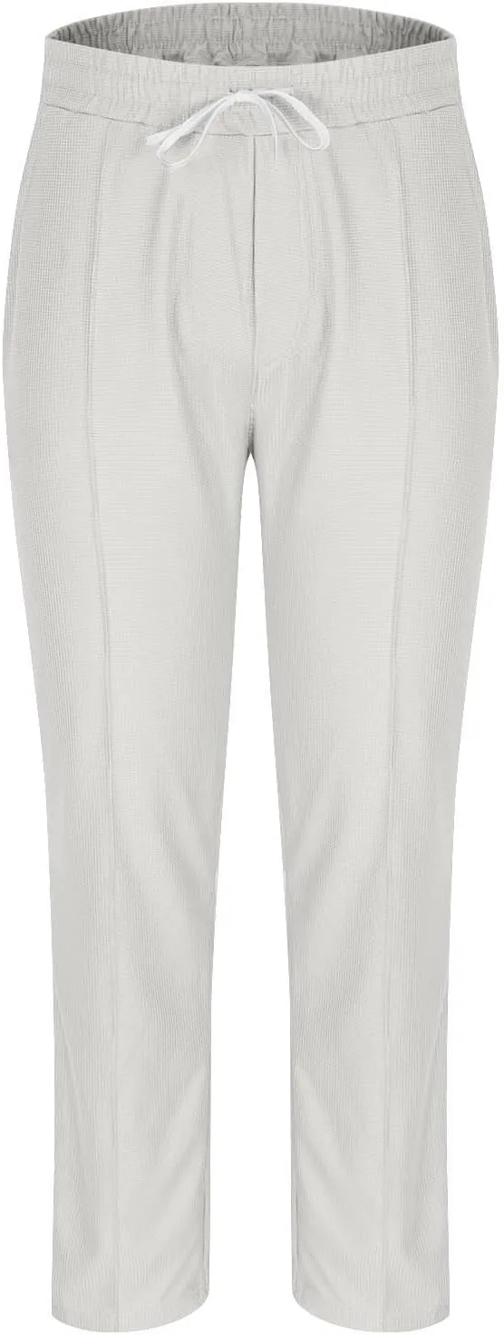Linen Pants Men Casual Straight-Legs Waffle Knitted Pants with Pockets Loose Fit Summer Yoga Beach Trousers
