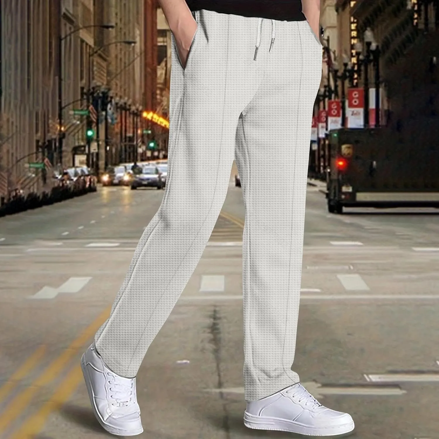 Linen Pants Men Casual Straight-Legs Waffle Knitted Pants with Pockets Loose Fit Summer Yoga Beach Trousers