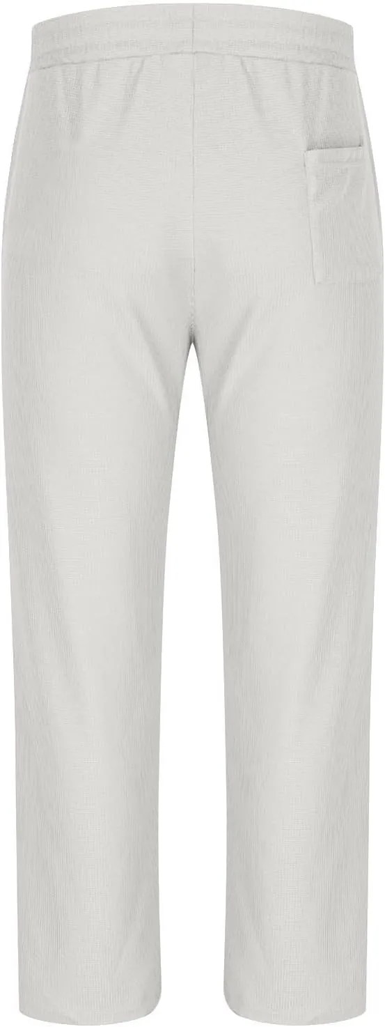 Linen Pants Men Casual Straight-Legs Waffle Knitted Pants with Pockets Loose Fit Summer Yoga Beach Trousers