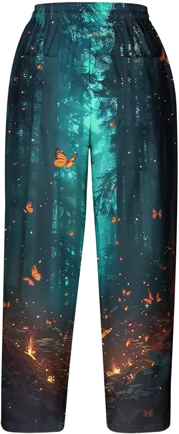 Linen Pants Women Casual Summer Harlan Pants Lightweight Wide Leg Gradient Color Trousers with Drawstring Pockets