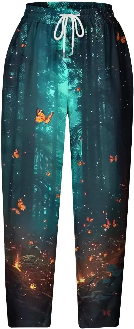 Linen Pants Women Casual Summer Harlan Pants Lightweight Wide Leg Gradient Color Trousers with Drawstring Pockets