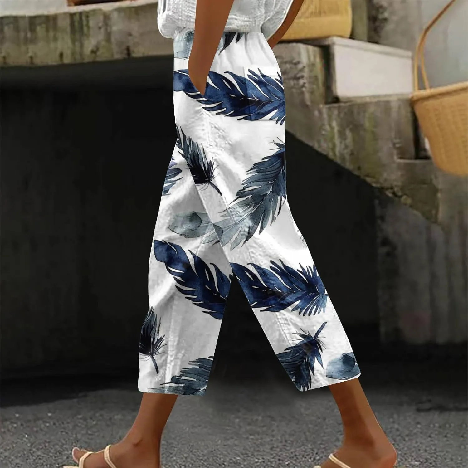 Linen Pants Women Casual Summer Harlan Pants Lightweight Wide Leg Gradient Color Trousers with Drawstring Pockets
