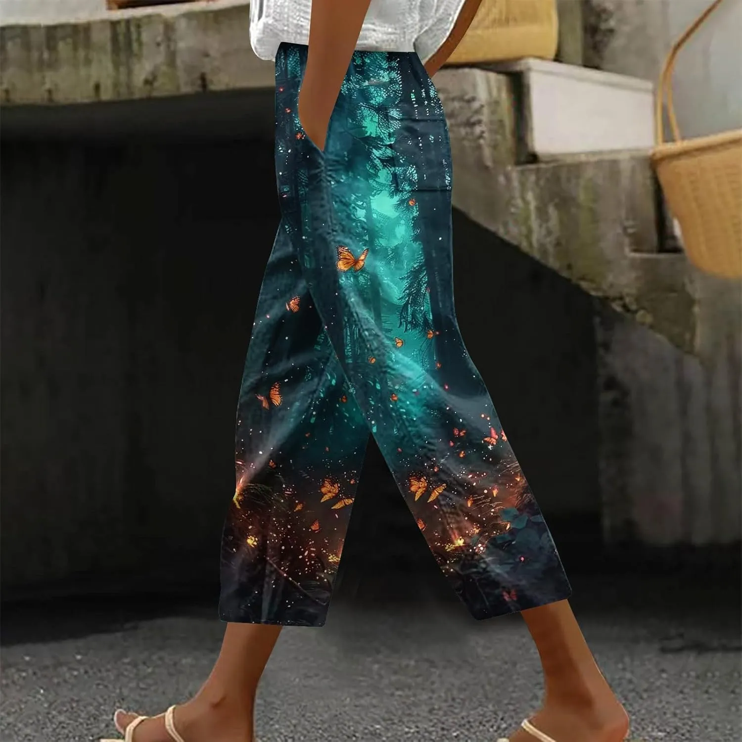 Linen Pants Women Casual Summer Harlan Pants Lightweight Wide Leg Gradient Color Trousers with Drawstring Pockets