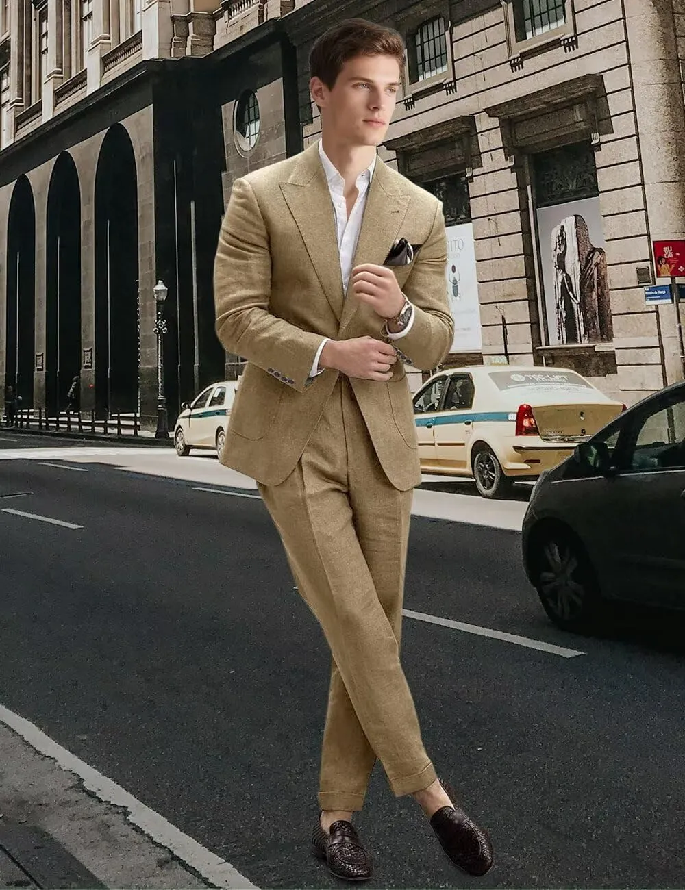 Linen Suit for Men 2 Pieces Summer Casual Suits Slim Fit Groomsmen Tuxedos Beach Wedding Party Blazer Pants Set