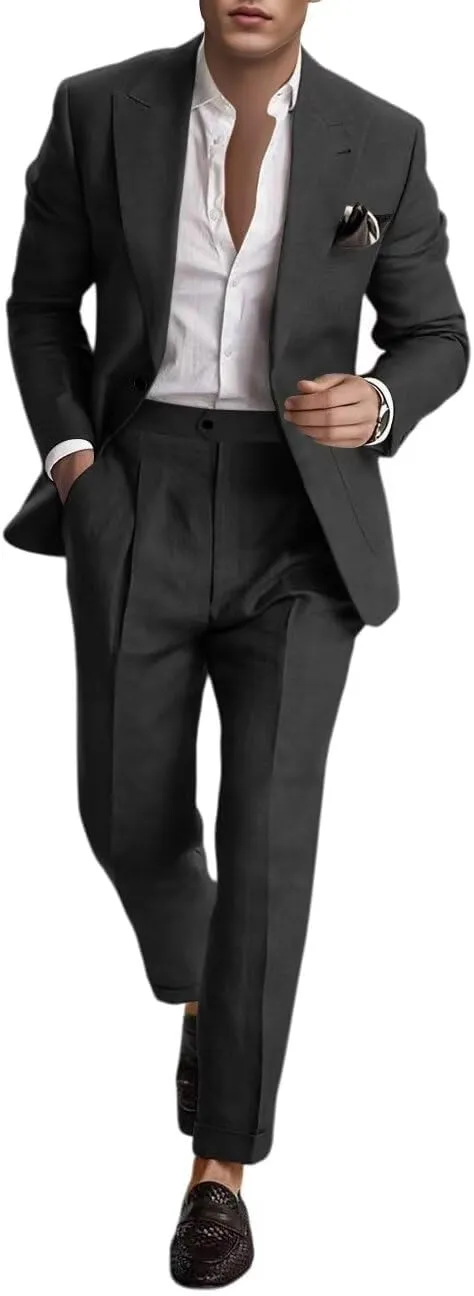 Linen Suit for Men 2 Pieces Summer Casual Suits Slim Fit Groomsmen Tuxedos Beach Wedding Party Blazer Pants Set