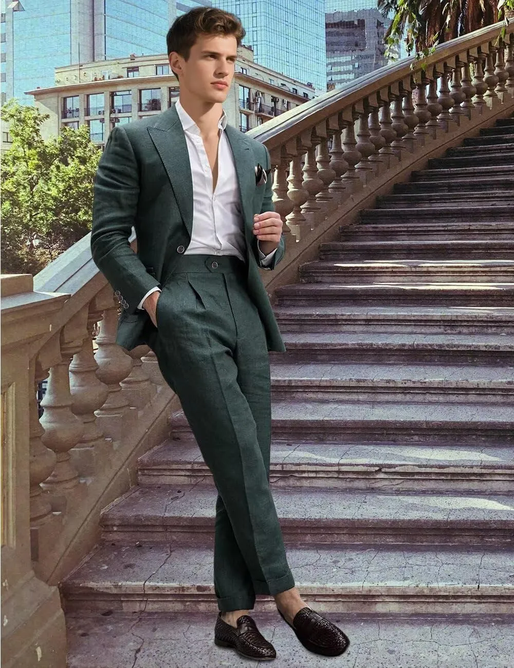 Linen Suit for Men 2 Pieces Summer Casual Suits Slim Fit Groomsmen Tuxedos Beach Wedding Party Blazer Pants Set