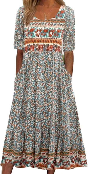 LOAIHA Floral Midi Dress for Women Short Sleeve Flowy Dresses with Pockets Linen Dress Plus Size Summer Loose Boho Sundress