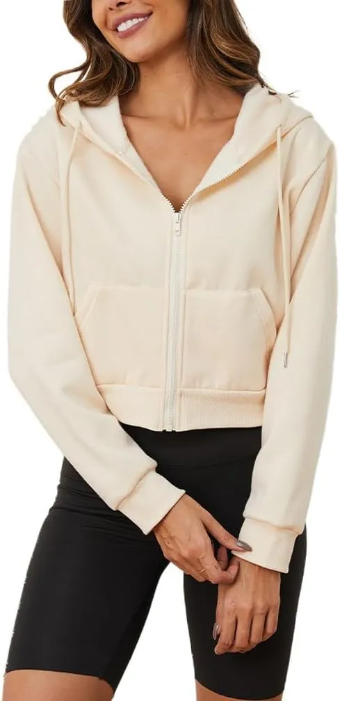 LOFAAC Women Fleece Full Zip Up Cropped Hoodie Sweatshirt 90s Long Sleeve Drawstring Hooded Crop Jacket Top with Pockets