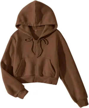 LOFAAC Women Fleece Full Zip Up Cropped Hoodie Sweatshirt 90s Long Sleeve Drawstring Hooded Crop Jacket Top with Pockets