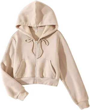LOFAAC Women Fleece Full Zip Up Cropped Hoodie Sweatshirt 90s Long Sleeve Drawstring Hooded Crop Jacket Top with Pockets